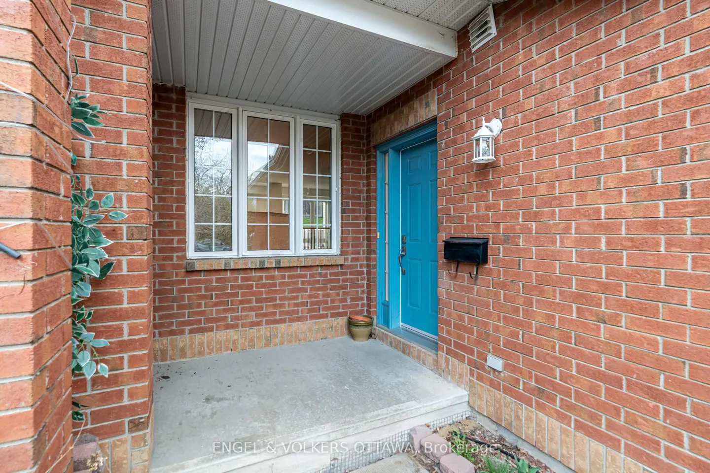 Brick house entrance with a bright blue door, black mailbox, and white framed window. Green vines climb the left brick wall.