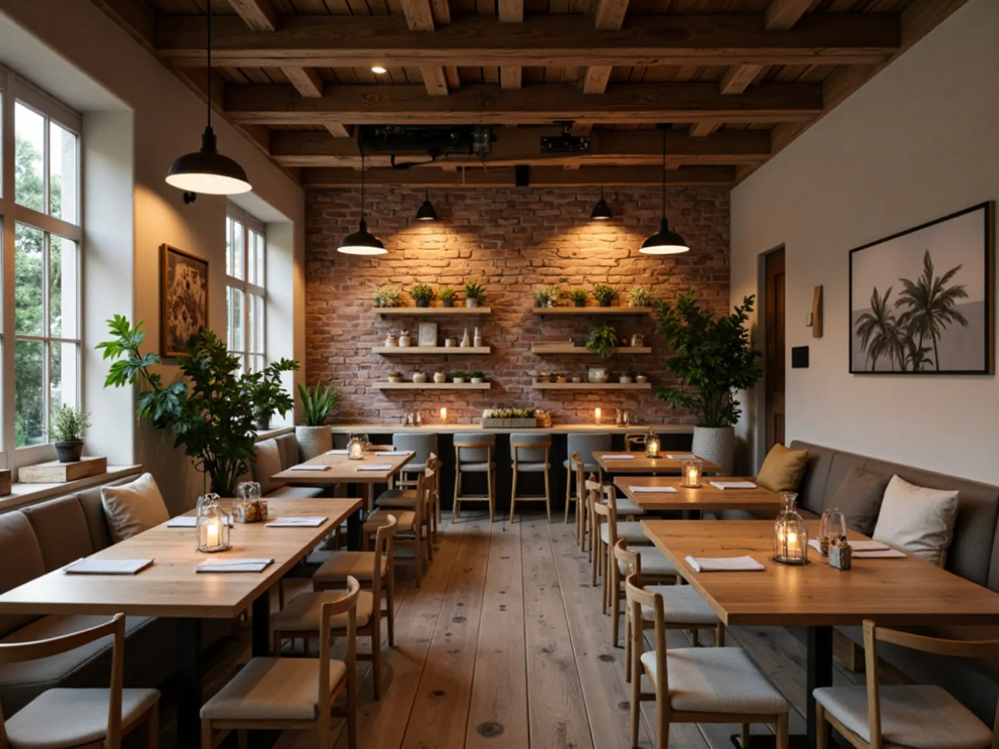 Warm restaurant interior with wood floors, tables, and chairs. Brick wall with shelves of plants. Large windows and hanging lights.
