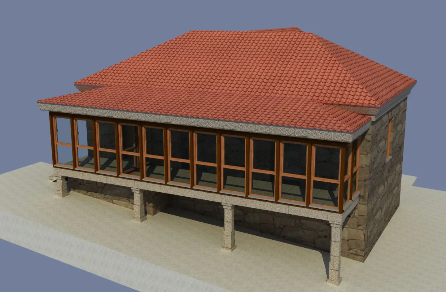 A stone house with a red tile roof and a glass-enclosed porch supported by pillars.