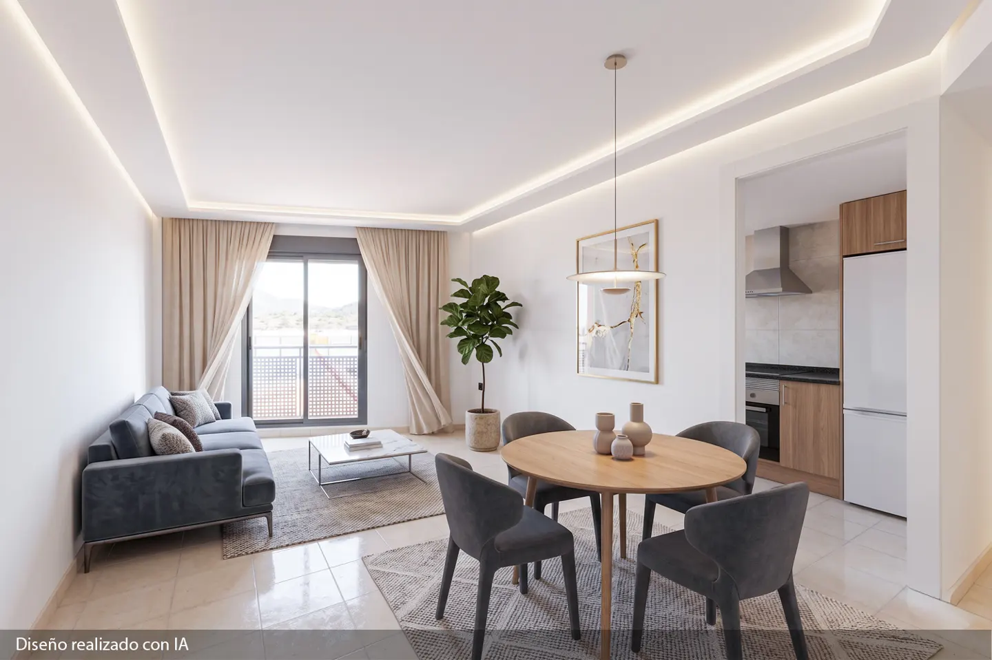 Bright living room with a gray sofa, round wood table with gray chairs, and a view to the kitchen.