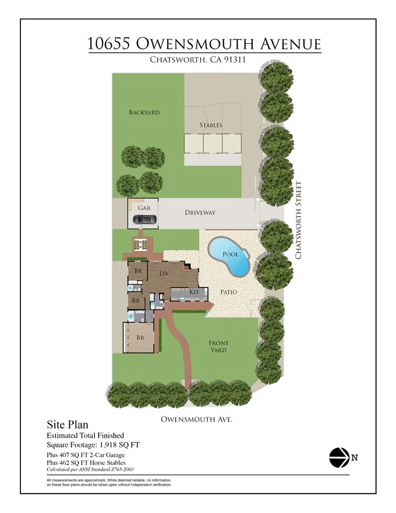 Site plan of 10655 Owensmouth Ave, Chatsworth, CA. Includes backyard, stables, garage, pool, patio, front yard, and house layout.