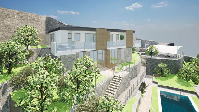 A modern two-story house on a hillside with a pool, stone walls, and lush green trees.