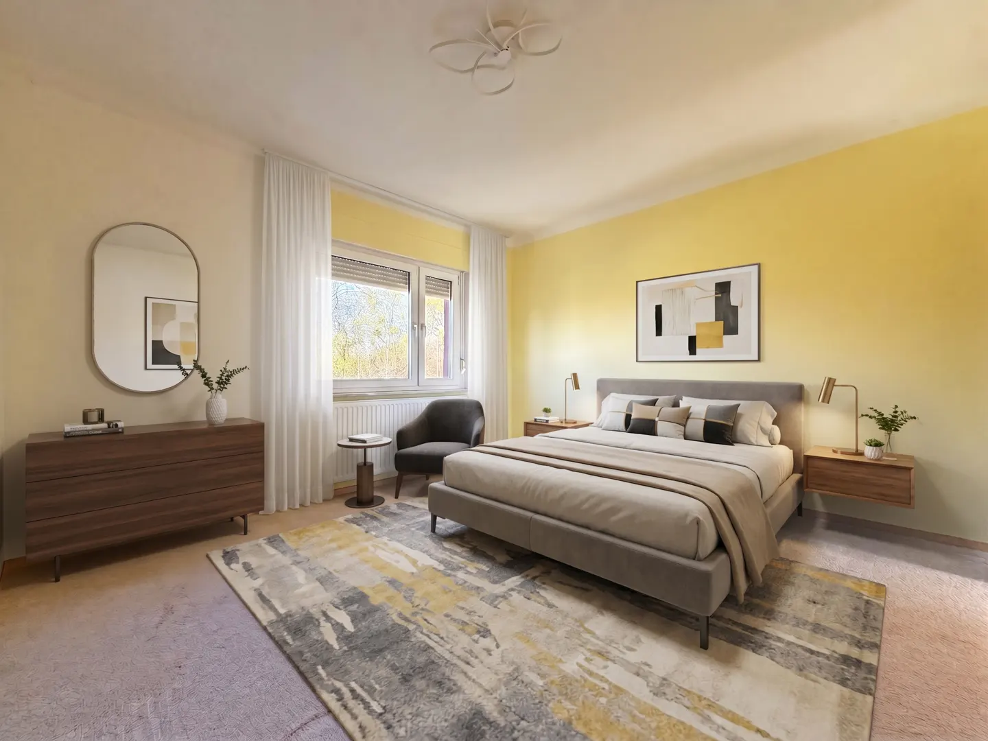 Bedroom with yellow walls, a gray bed, and a gray and yellow rug. A dresser and mirror are on the left. A window is in the background.