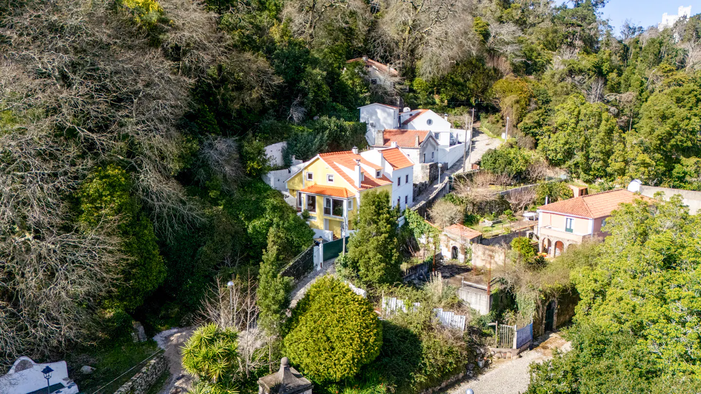 Aerial view of a yellow house with a red roof nestled among green trees and white houses on a sunny day.