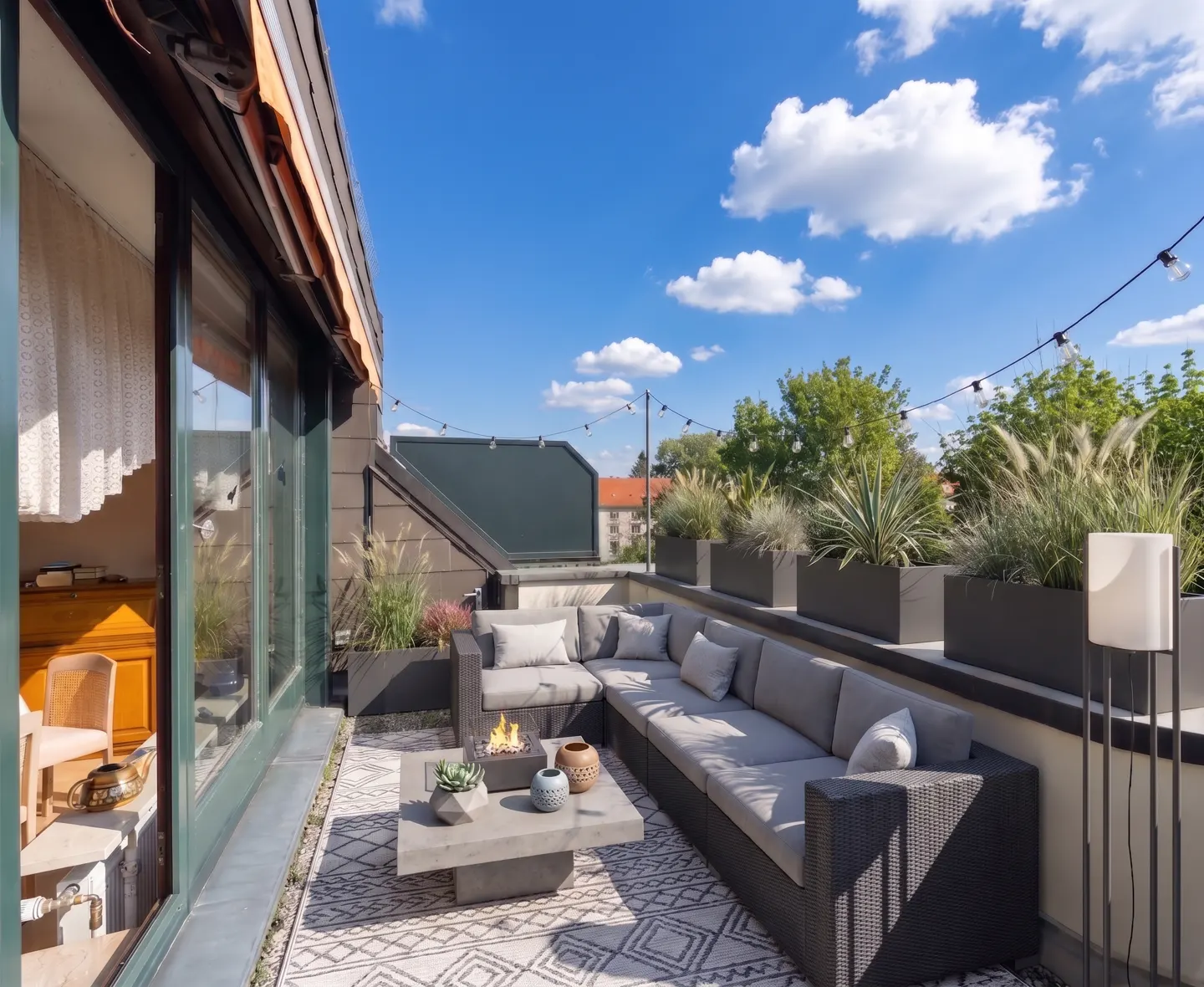 Rooftop patio with gray sectional sofa, concrete table with fire pit, and potted plants under a blue sky. String lights overhead.