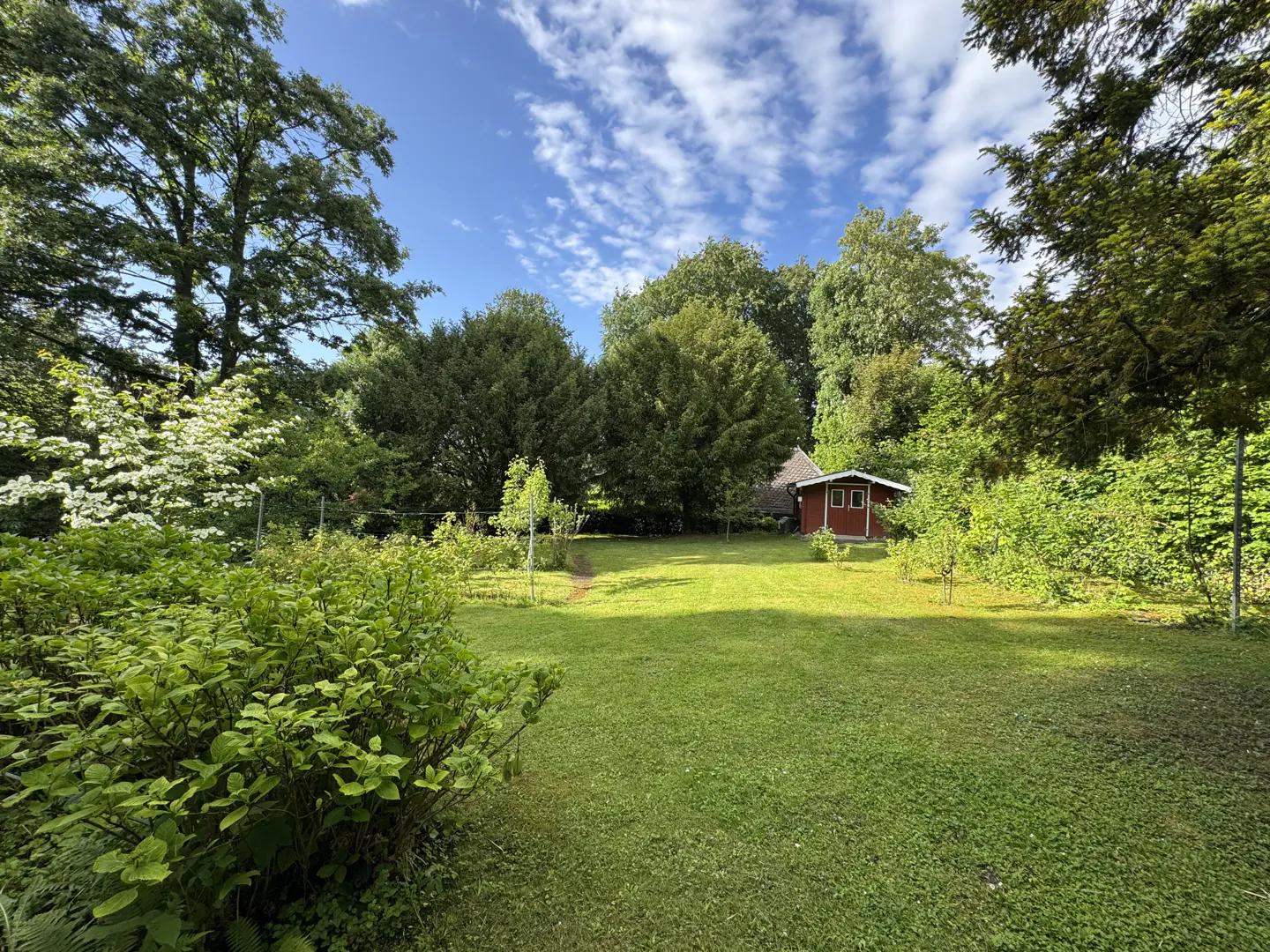 A lush green lawn leads to a small red cabin surrounded by trees under a blue sky with scattered clouds.