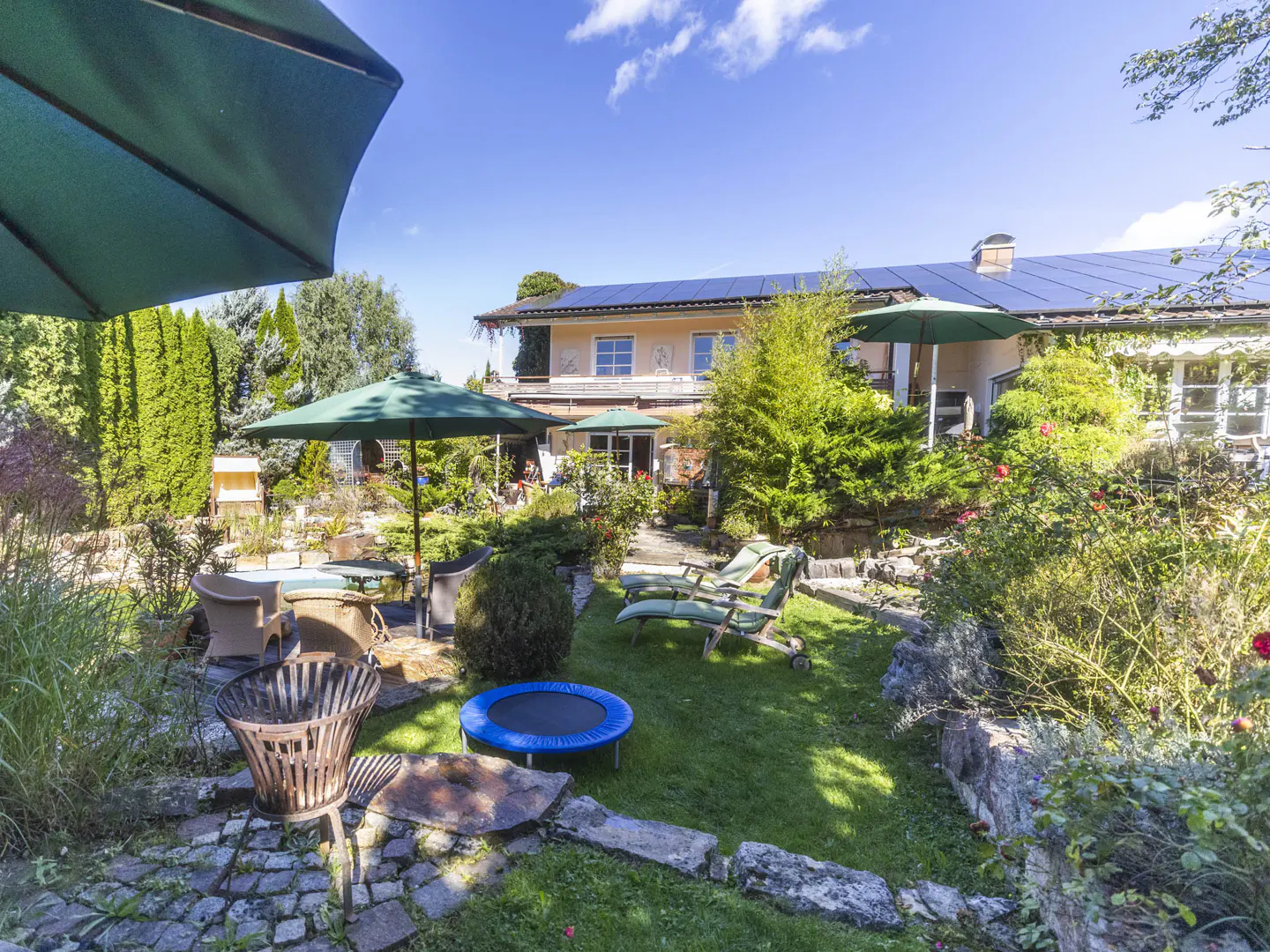 A lush green backyard with a fire pit, trampoline, lounge chairs, and patio furniture. The house has solar panels on the roof.
