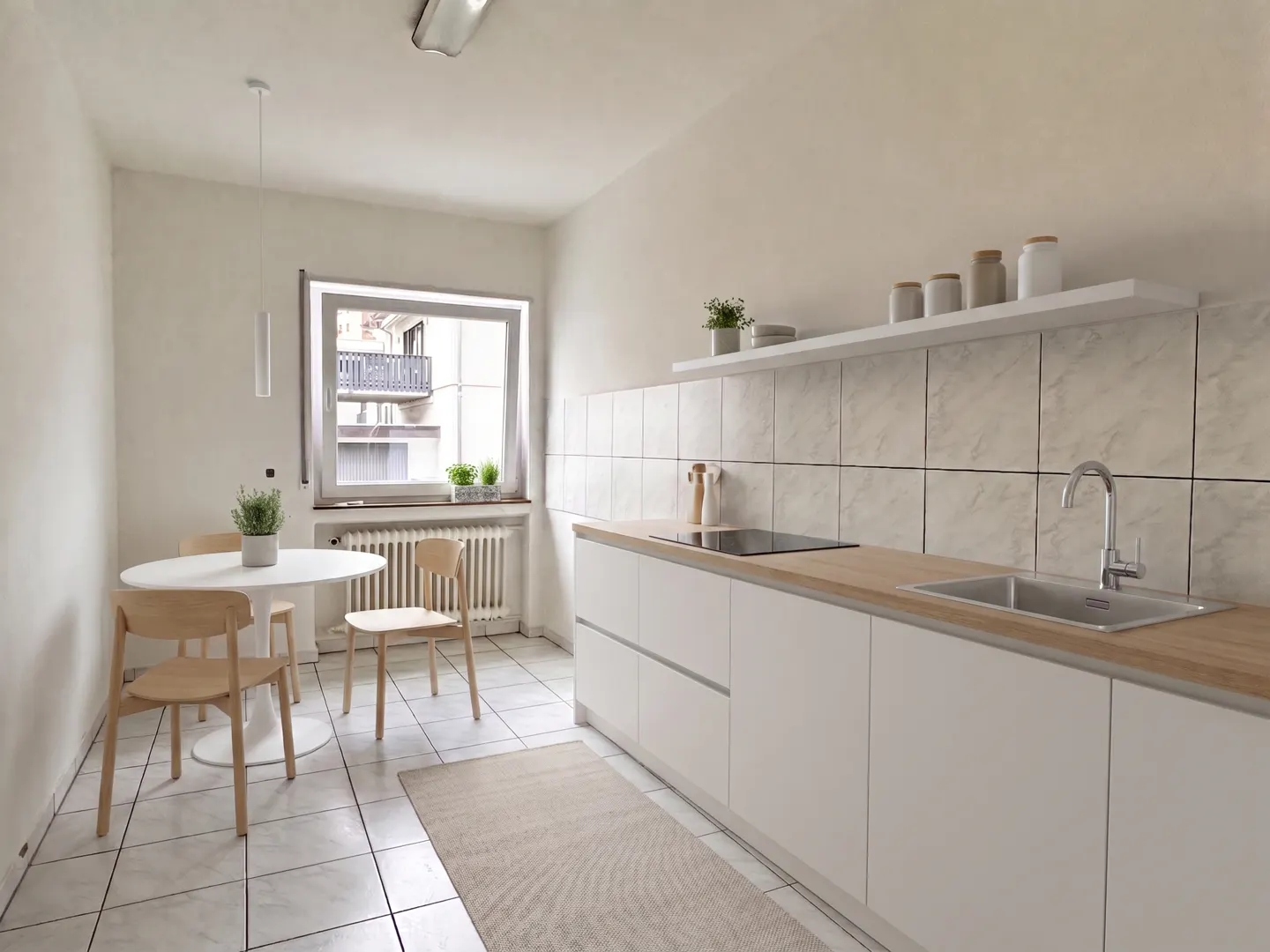 Bright kitchen with white cabinets, wood countertops, and a round table with chairs near a window. A shelf displays jars.