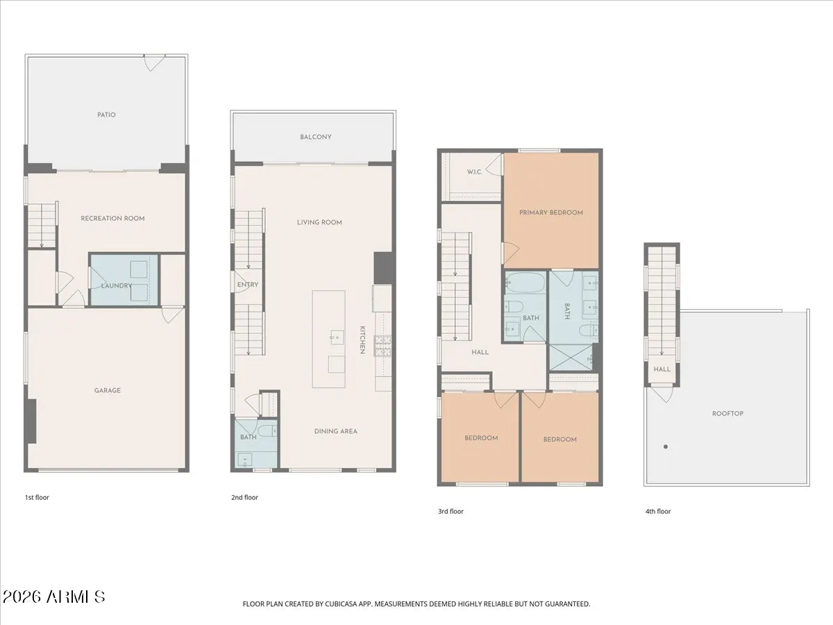 Four-level floor plan showing a garage, recreation room, living area, three bedrooms, and a rooftop terrace.