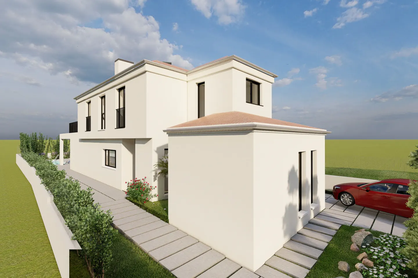 Exterior view of a two-story white house with a red car parked in the driveway.