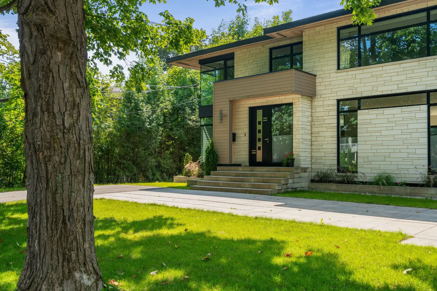 Modern two-story home with stone facade, black framed windows, and a black front door. Green lawn and trees surround the property.