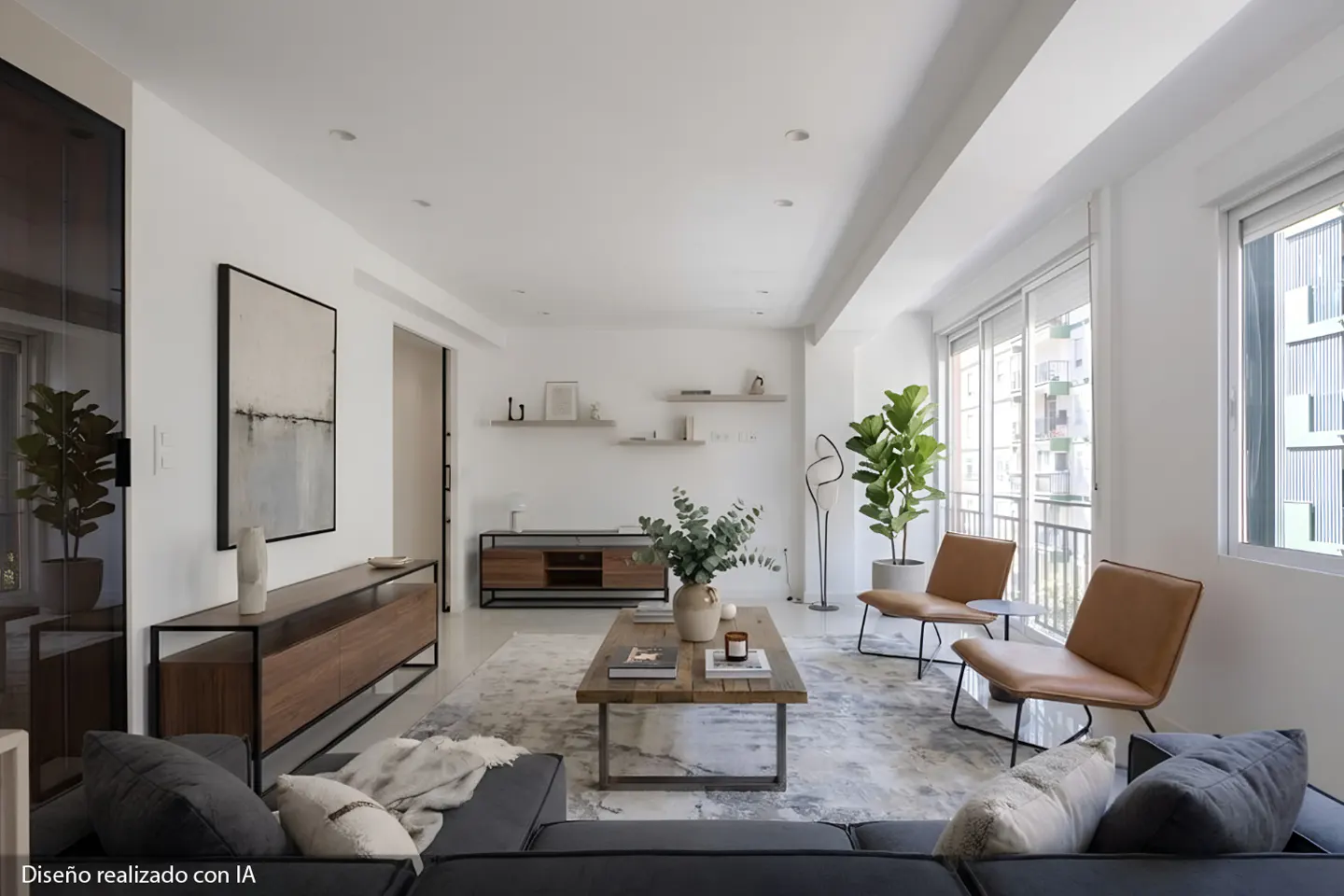 Bright living room with a gray sofa, wood coffee table, and two tan chairs on a patterned rug. A large window lets in natural light.