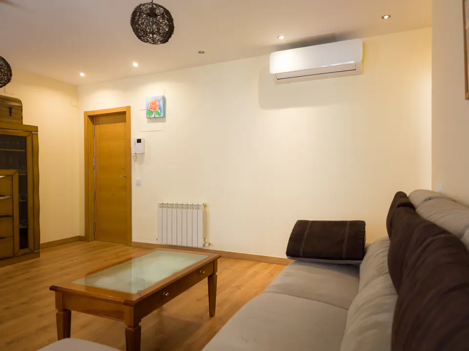Living room with light wood floors, a grey sofa, a wooden coffee table, a wall-mounted AC unit, and a wooden door.