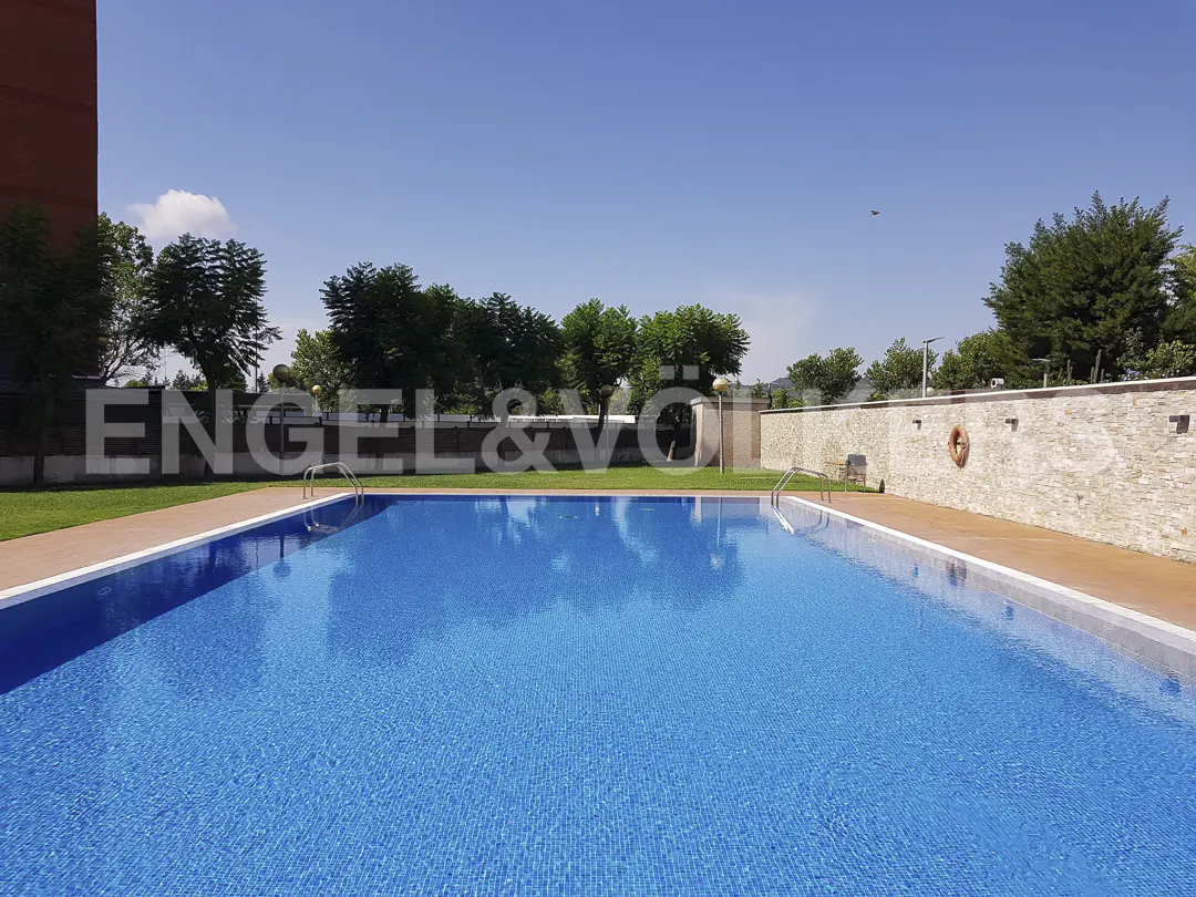 A rectangular outdoor swimming pool with bright blue water, surrounded by a stone wall, green trees, and a clear blue sky.