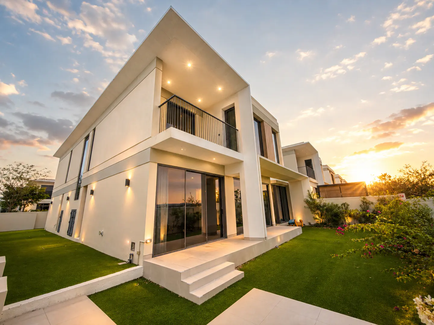 Exterior view of a modern, two-story white house with a balcony, sliding glass doors, and a green lawn at sunset.