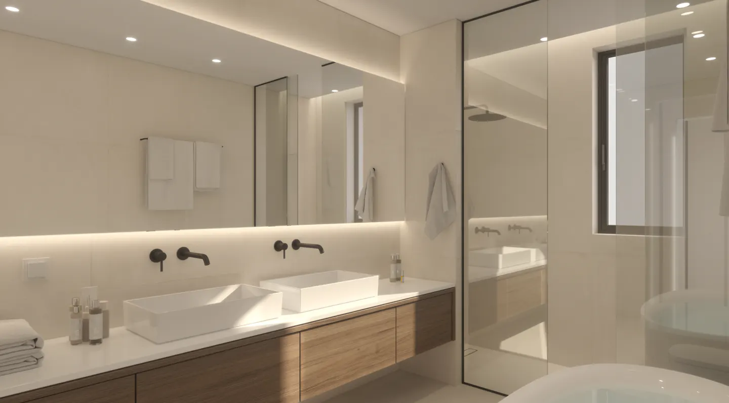 Bright bathroom with double sinks, wood cabinets, and black fixtures. A glass shower and tub are visible.
