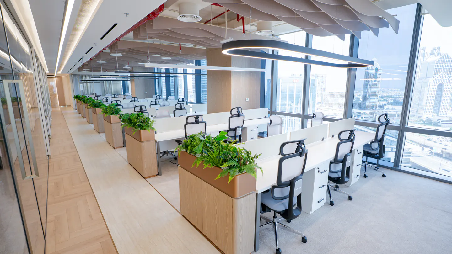 Bright, modern office space with white desks, black chairs, and potted plants. Large windows offer a city view.