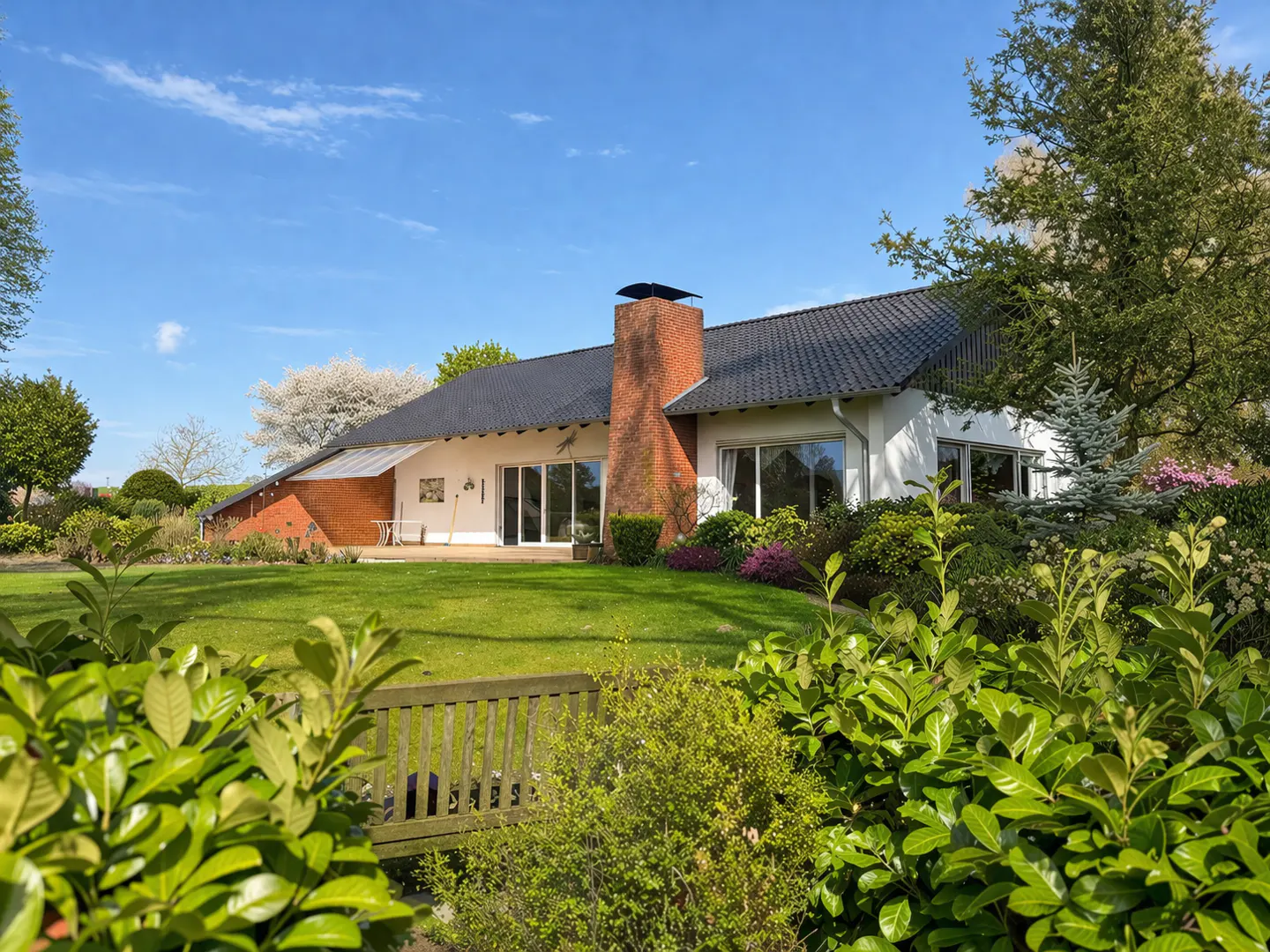 Exterior view of a white house with a brick chimney, black roof, and green lawn under a blue sky.