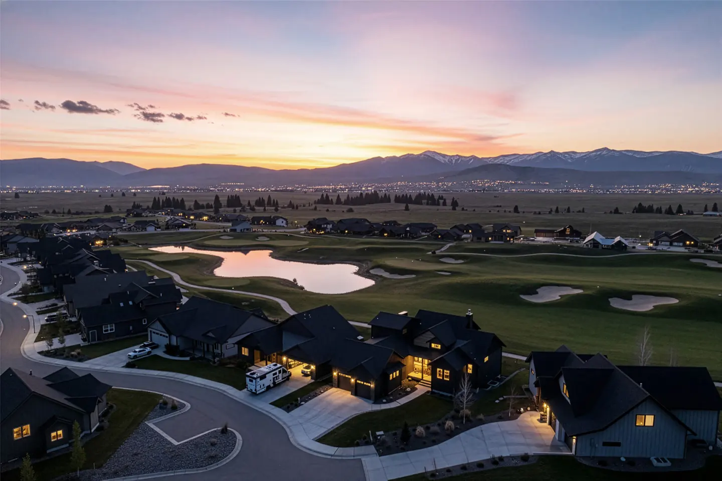 Aerial view of a neighborhood with dark houses, a golf course, and mountains at sunset.