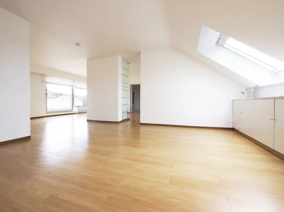 Bright, empty room with wood floors, white walls, and a skylight. A glass shelving unit divides the space.
