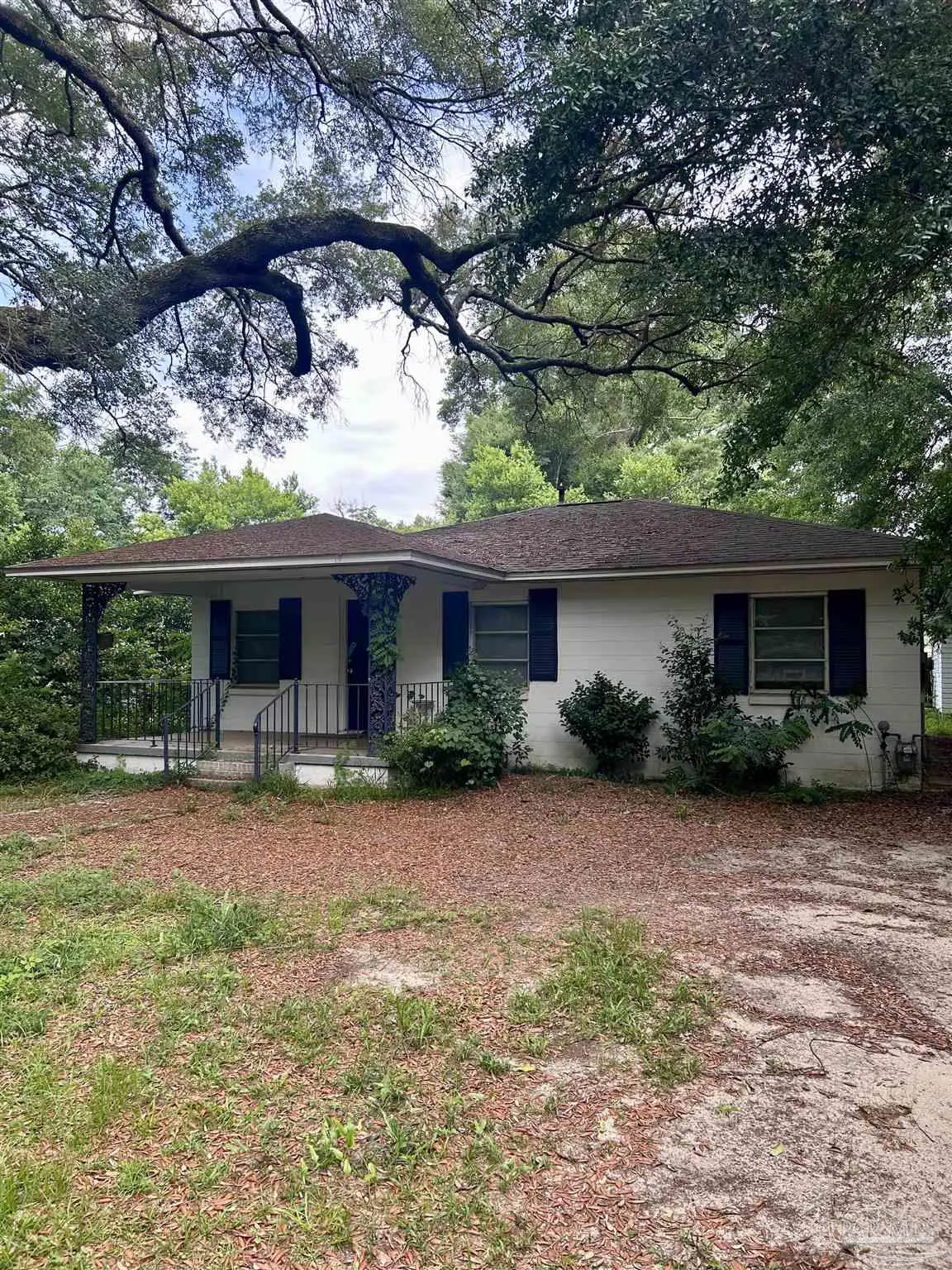 Single-story white house with a covered porch, surrounded by large oak trees and a yard covered in fallen leaves.