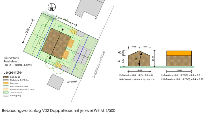 Site plan and elevation drawings for a semi-detached house project, including dimensions, legend, and property layout.