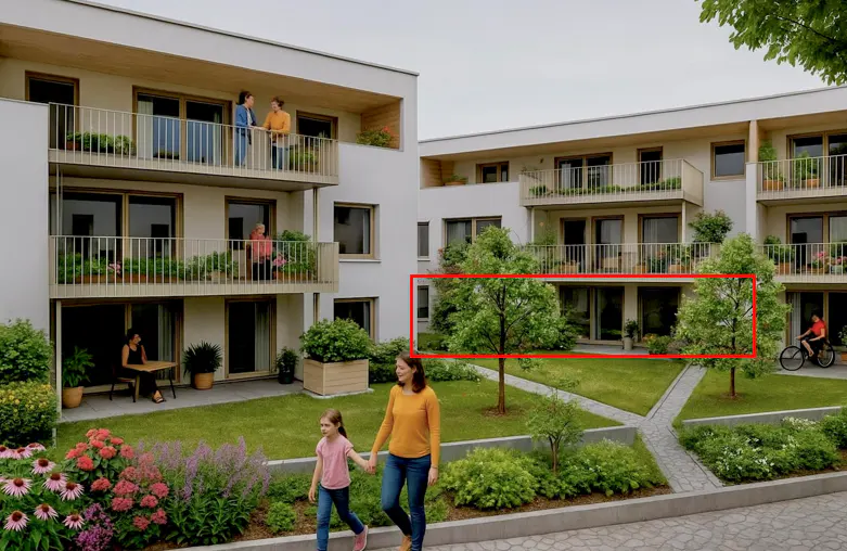 Modern apartments with balconies overlook a green lawn. A woman and child walk on a path. Flowers and trees add color.