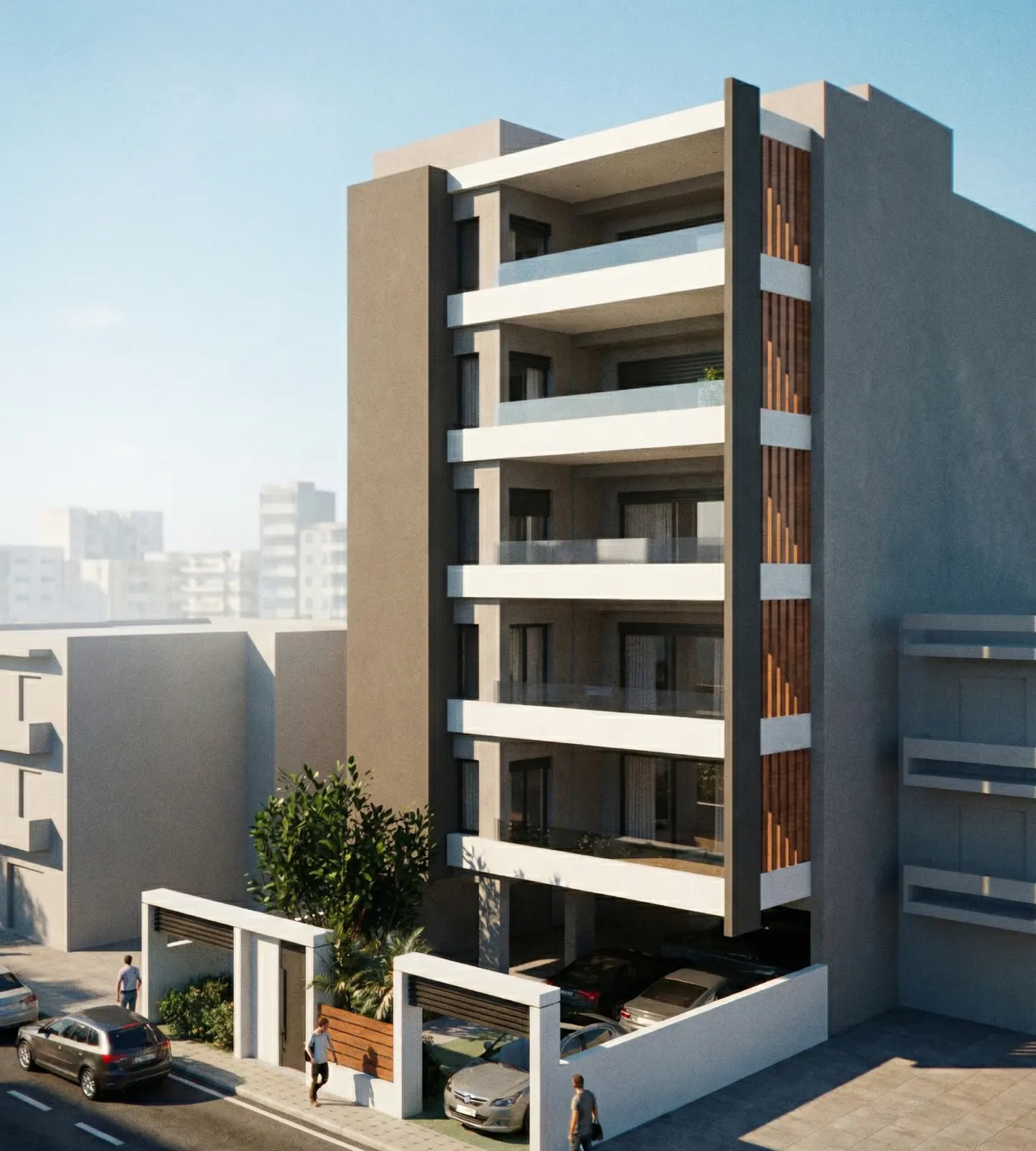 A modern, six-story apartment building with glass balconies and a covered parking area. Cars and people are visible on the street.