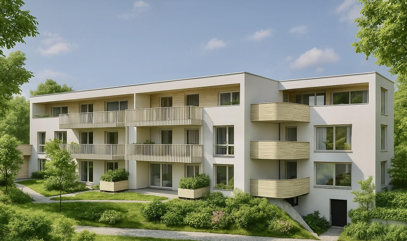 Modern white apartment building with wood balconies, surrounded by green trees and grass.