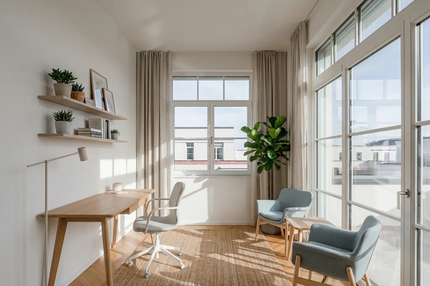 Bright home office with a wooden desk, shelves with plants, and two blue chairs near a large window.
