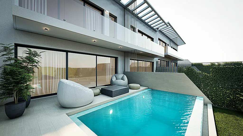 Modern home exterior with a turquoise pool, white lounge chairs, and a green hedge wall. The building has glass railings and sliding doors.
