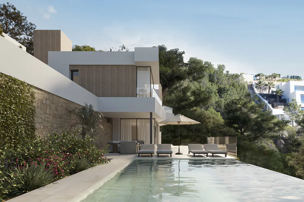 Modern two-story house with an infinity pool, lounge chairs, and an umbrella overlooking a lush green hillside.