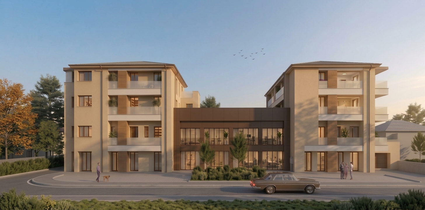 A modern beige apartment complex with glass balconies, a central dark-paneled office area, a vintage car, and people outside. [AI-generated text] [AI-modified]