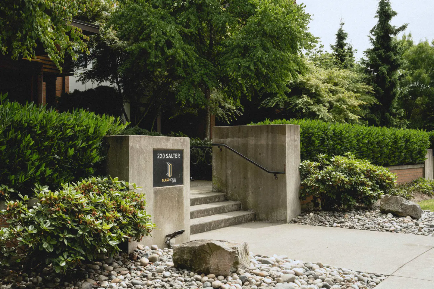 Concrete steps leading to the 220 Salter Glass House entrance, surrounded by lush green hedges and landscaping.