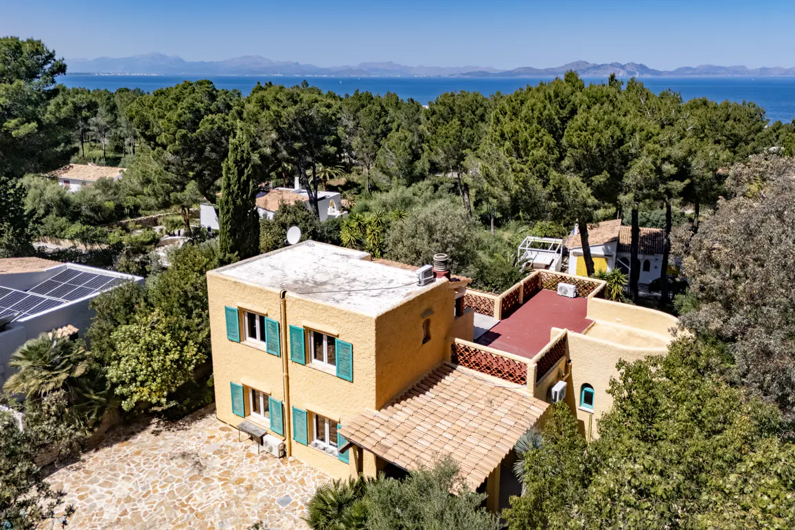 Aerial view of a yellow two-story house with green shutters, surrounded by trees, with a view of the ocean and mountains in the background.