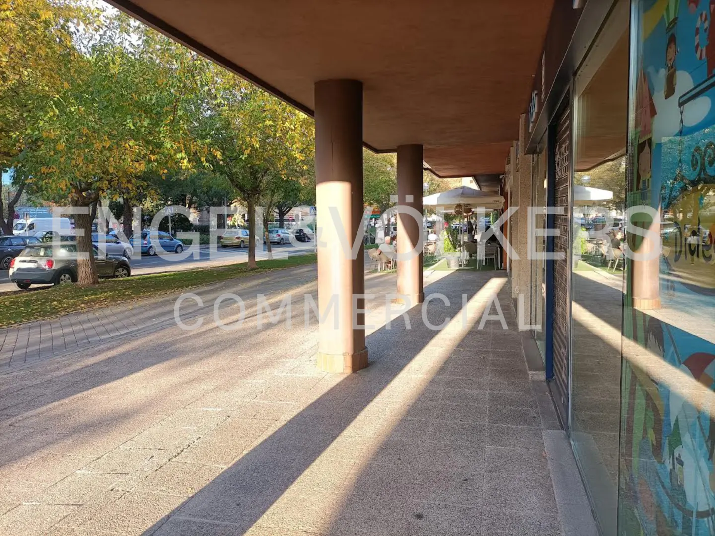 Exterior view of a commercial building with brown columns and a sidewalk. Trees and parked cars are visible on the street.