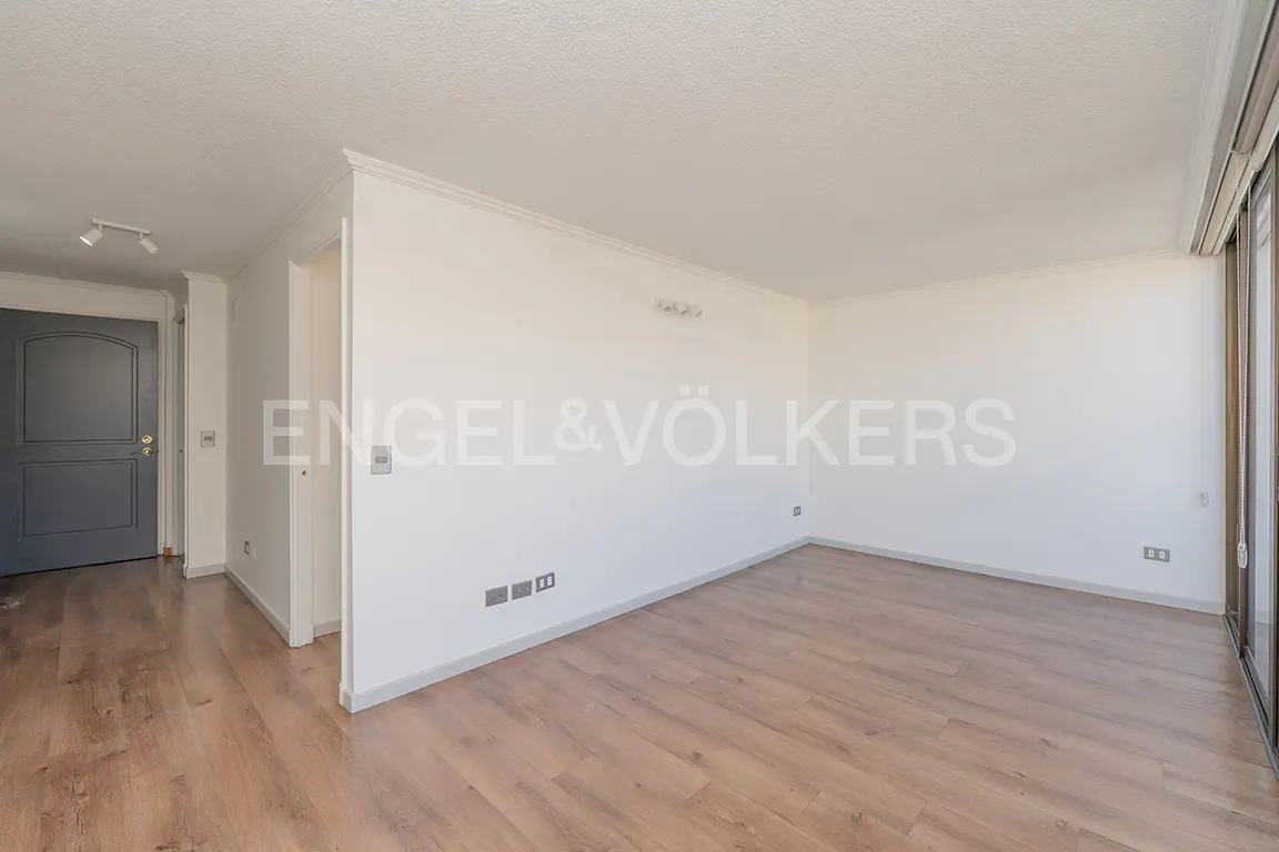 A bright, empty room with light wood floors and white walls. A gray door is on the left, and a large window is on the right.