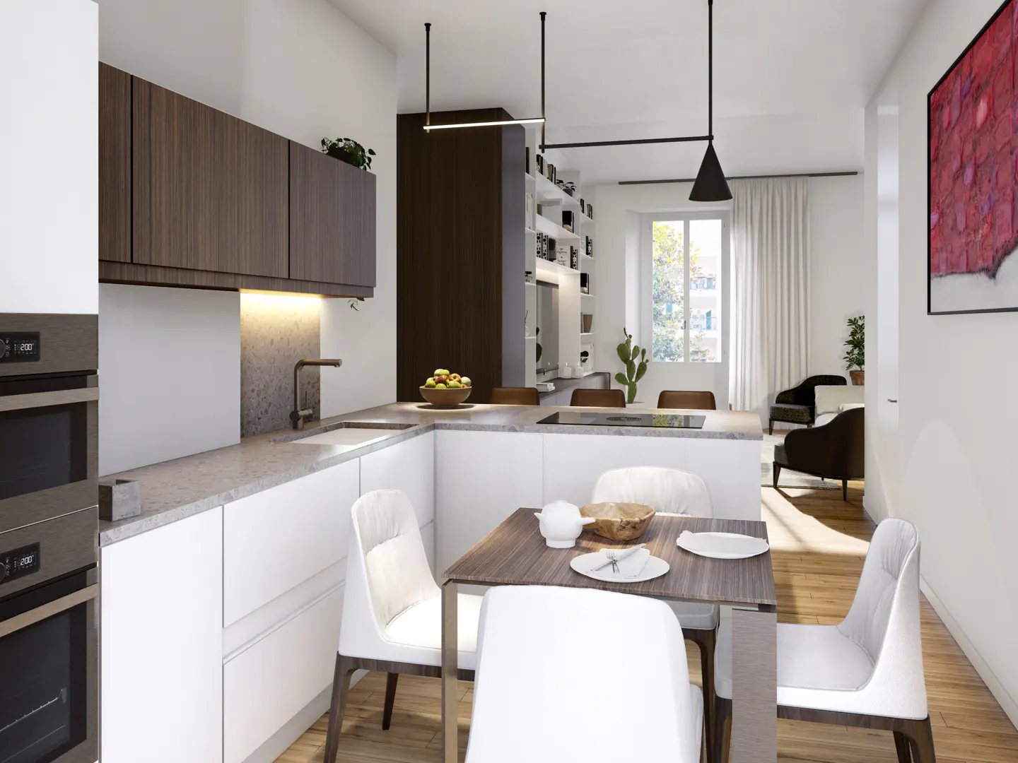 Modern kitchen and dining area with white cabinets, wood accents, and a table set for a meal. Natural light fills the room.