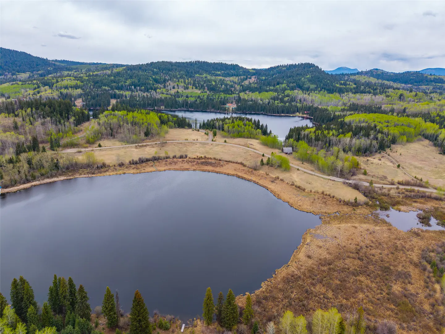 Aerial view of two dark blue lakes surrounded by green forests and brown fields under a cloudy sky.