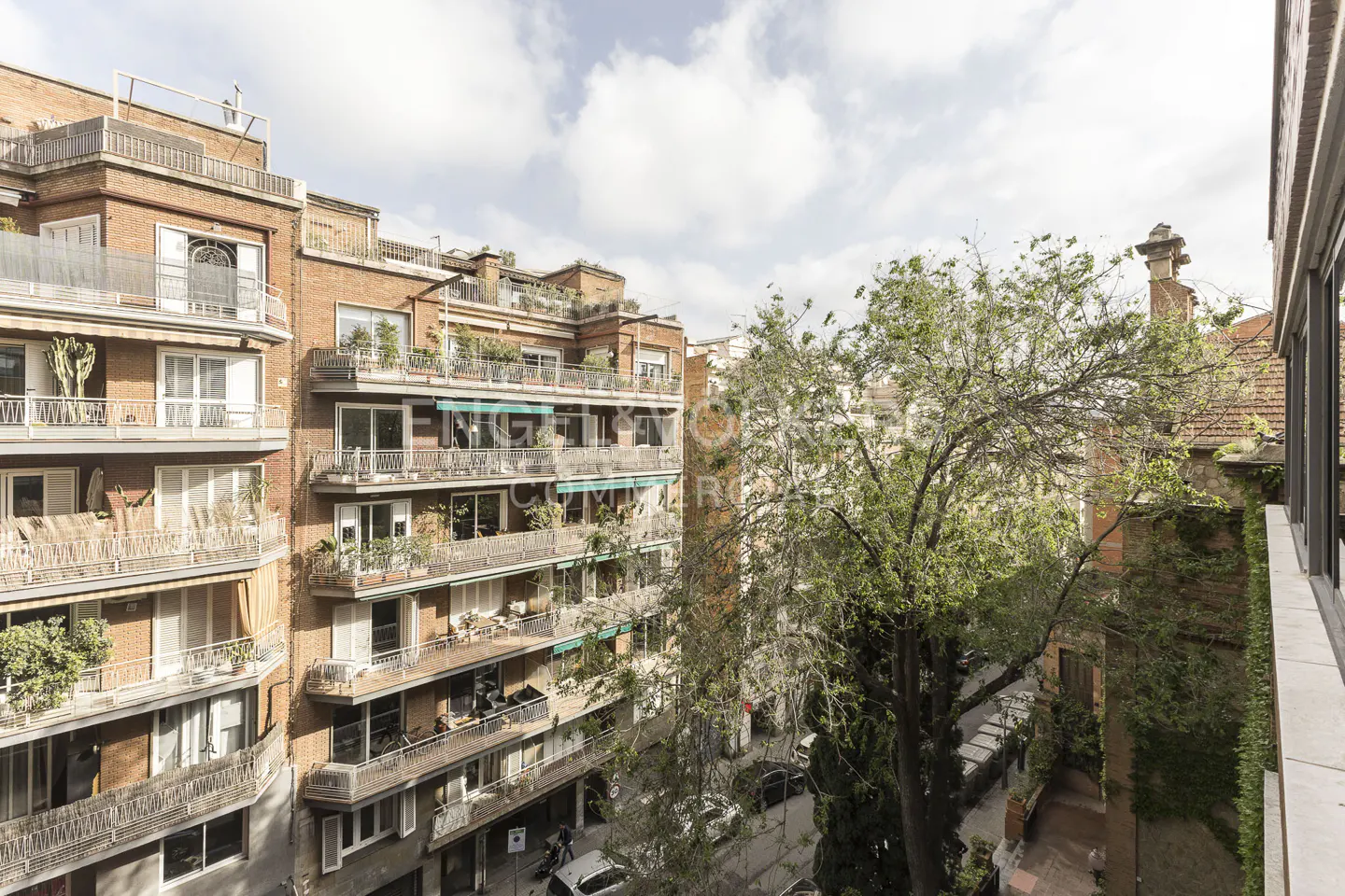 View from a balcony overlooking a multi-story brick apartment building with balconies and a large tree on a sunny day.