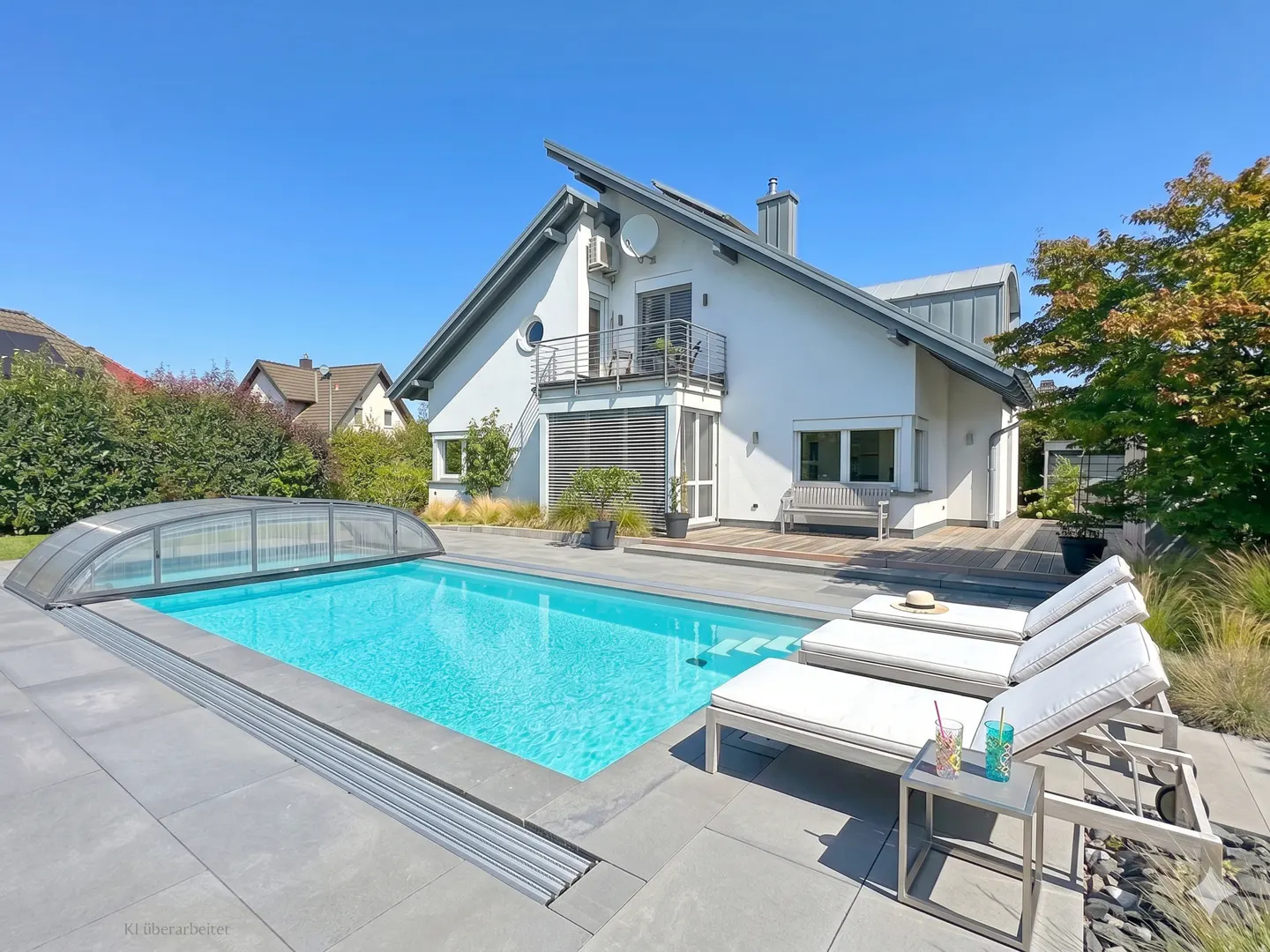 A modern white house with a pool, lounge chairs, and a clear blue sky.