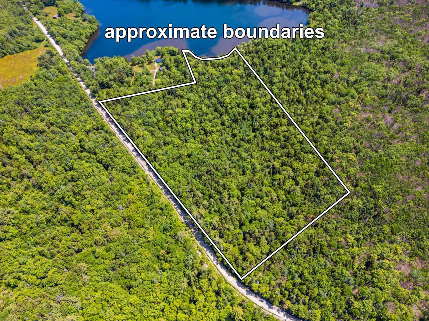 Aerial view of a wooded property with approximate boundaries outlined in white, next to a road and a lake.