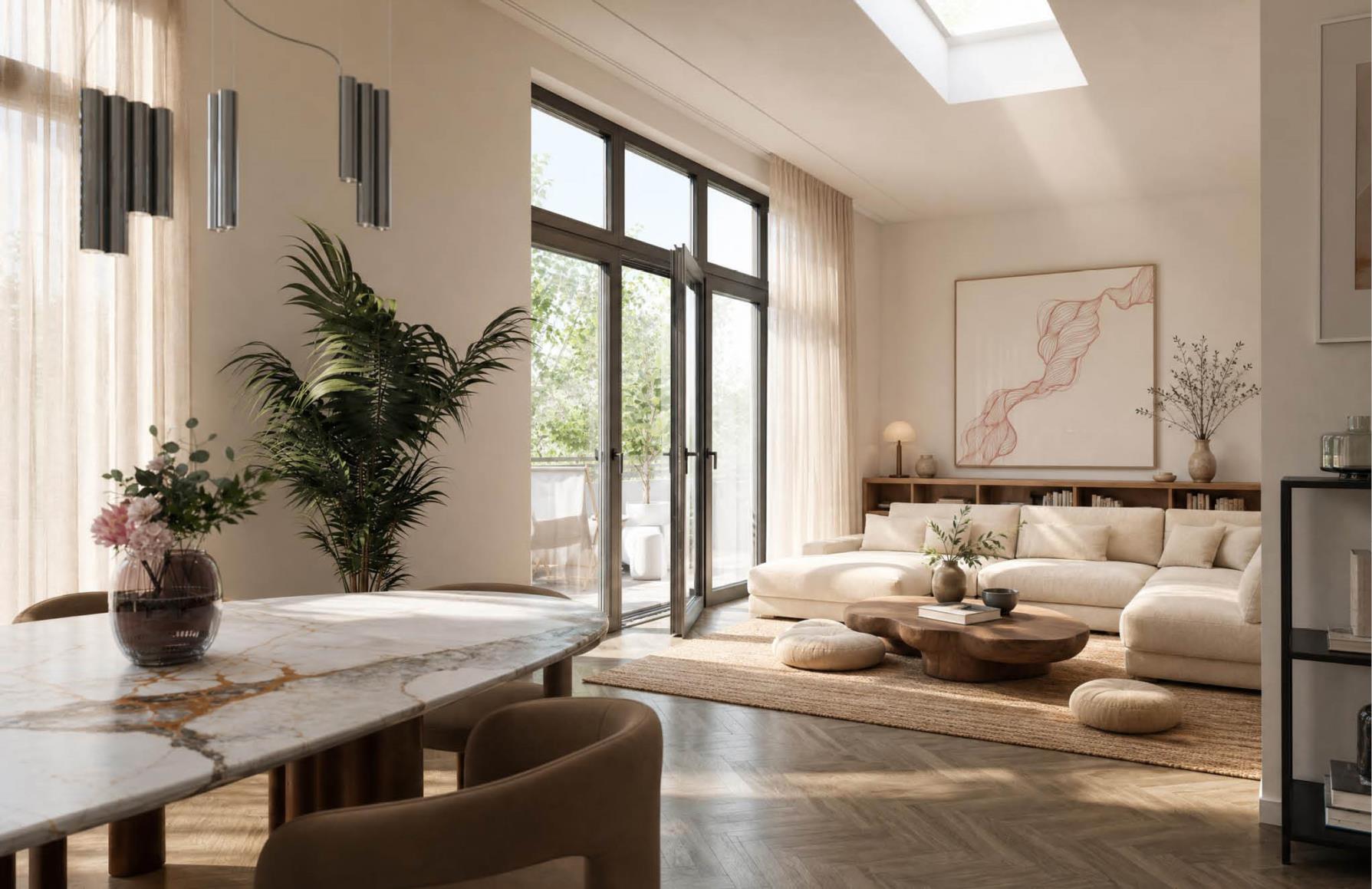 Living with wraparound roof terrace and fireplace