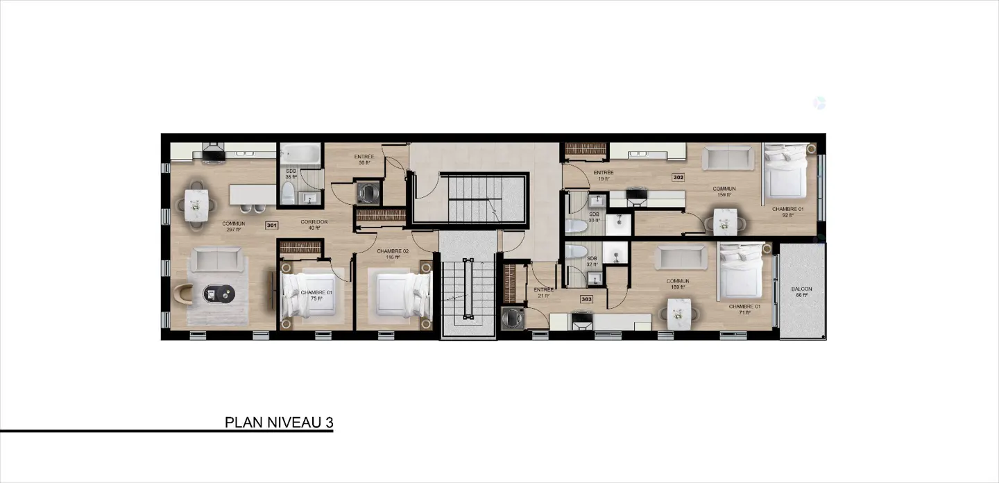 Floor plan of level 3, featuring bedrooms, bathrooms, kitchen, living room, and balcony. Stairs are in the center.