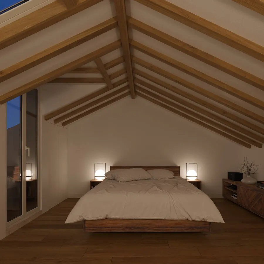 Cozy attic bedroom with a low wooden bed, white bedding, glowing bedside lamps, and exposed wooden ceiling beams.
