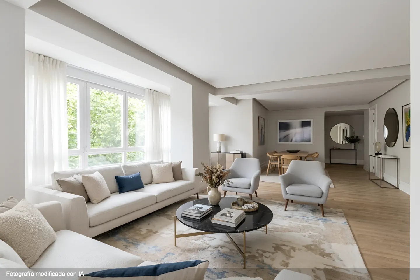 Bright, modern living room with a white sofa, two grey armchairs, a black marble coffee table, and light wood flooring.