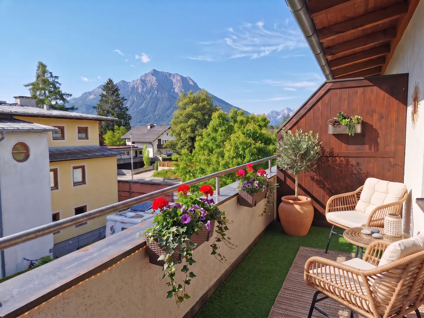 Balcony view with wicker chairs, flowers, and mountain backdrop. Green turf and a small table create a cozy outdoor space.
