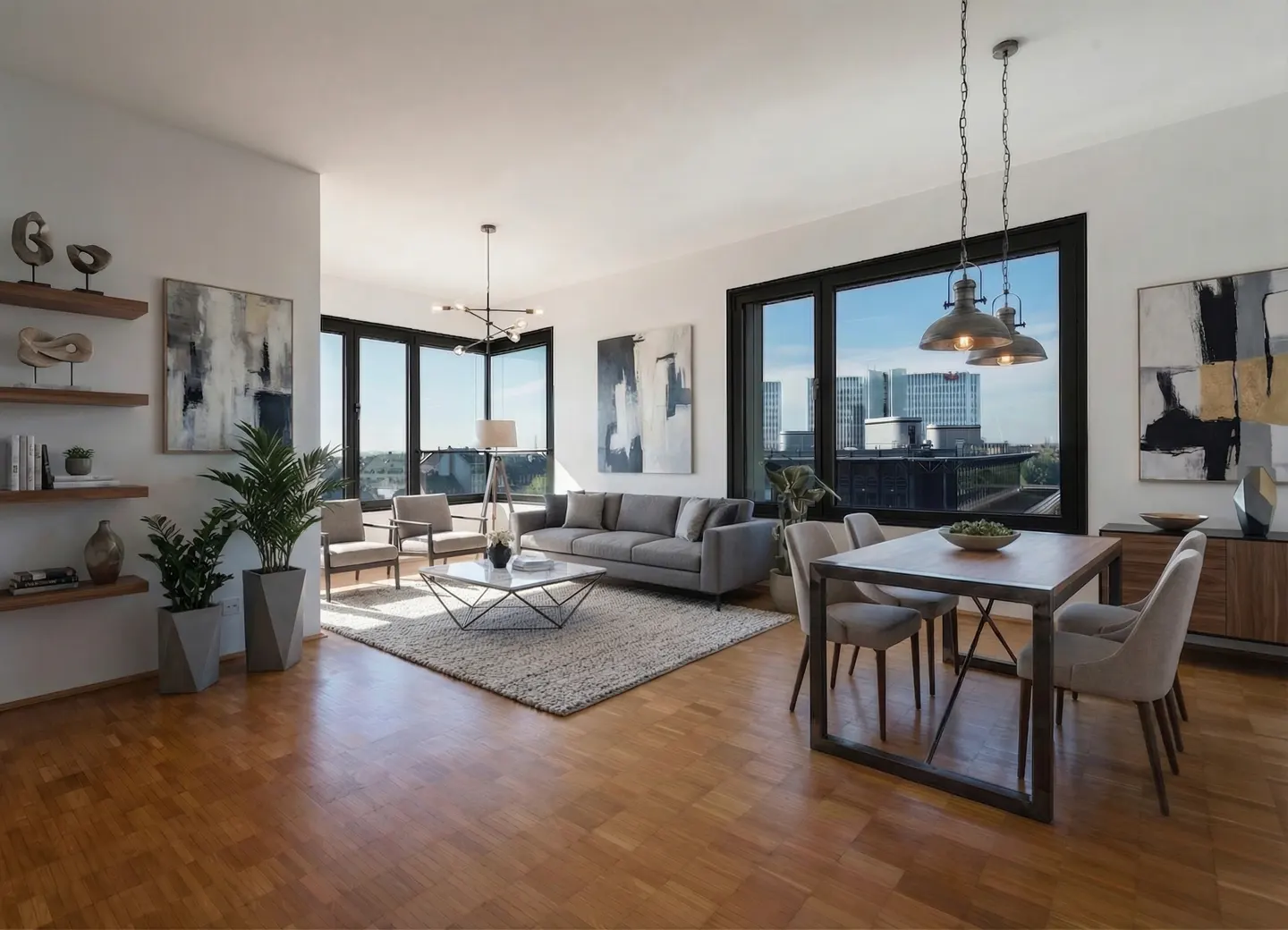 Bright, modern living and dining area with wood floors, gray sofa, and city views from large windows. Shelves and art add detail.