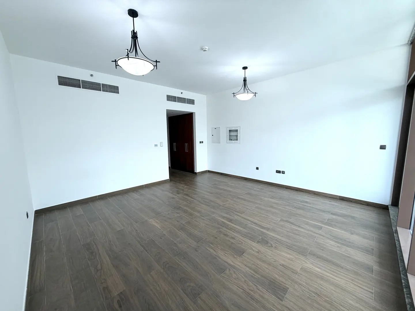 Empty room with white walls, dark wood-look tile floor, and two black light fixtures.