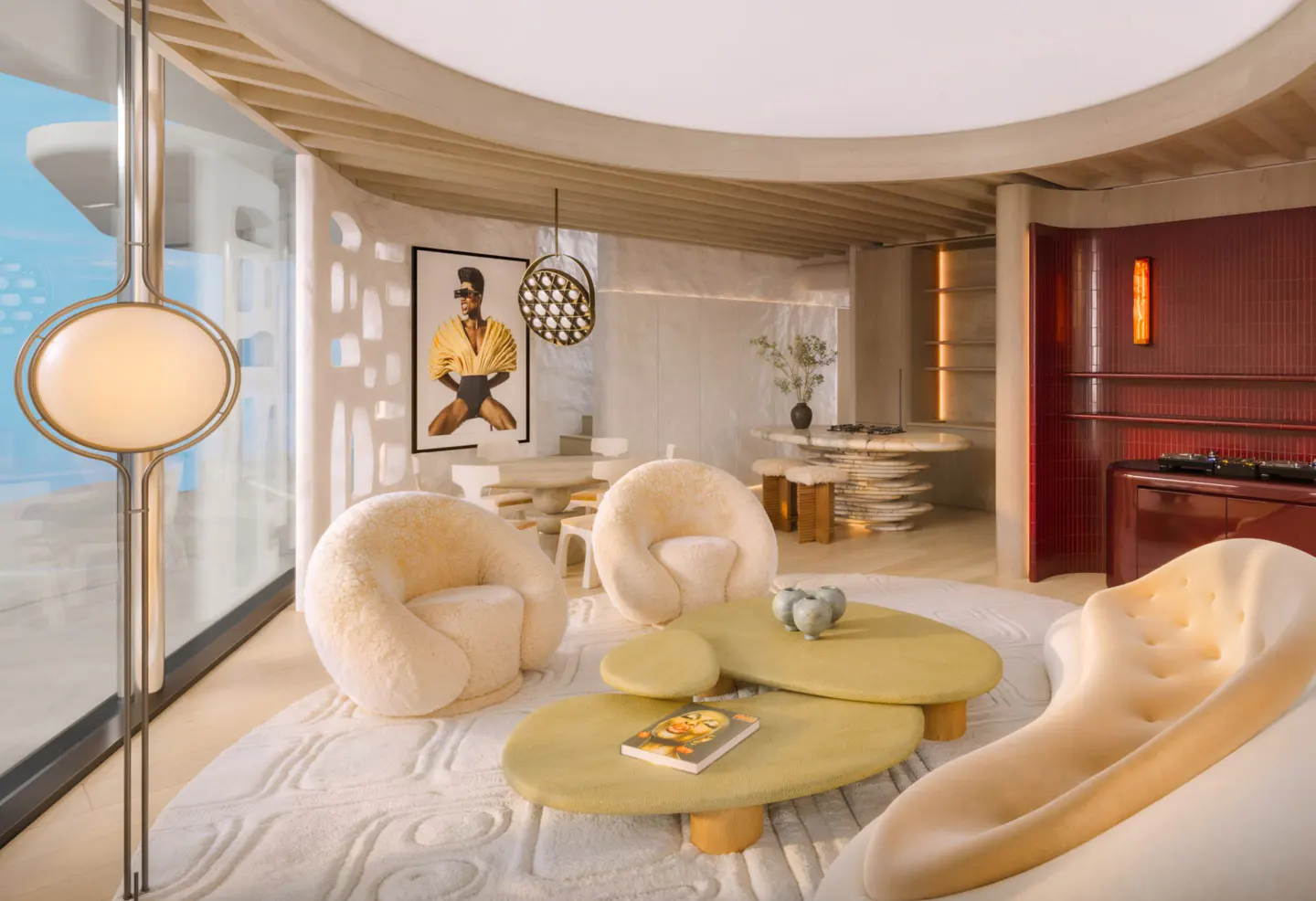 A modern living room with cream-colored chairs, yellow tables, and a white rug. A portrait hangs on the wall.